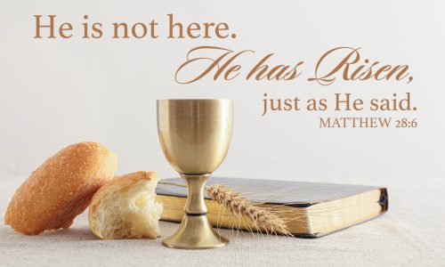 Text HE IS NOT HERE. HE IS RISEN, JUST AS HE SAID with cup of wine, bread and Holy Bible on light background